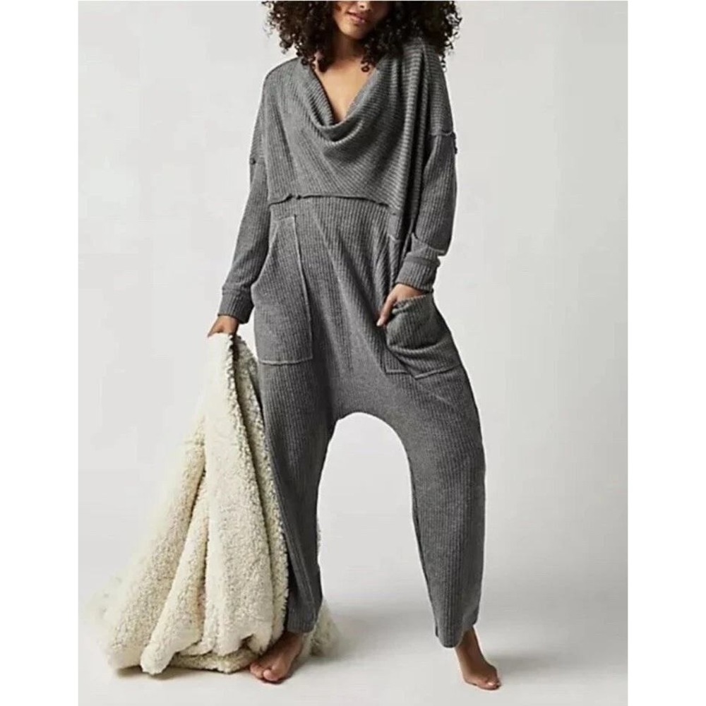 Free People Kickback Jumpsuit Womens XS Grey Thermal Waffle Knit Cowl Neck Boho